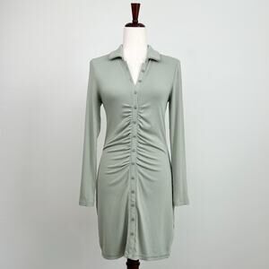 Abercrombie & Fitch Sage Green Ruched Collar Button Front Rib Knit Dress XS
